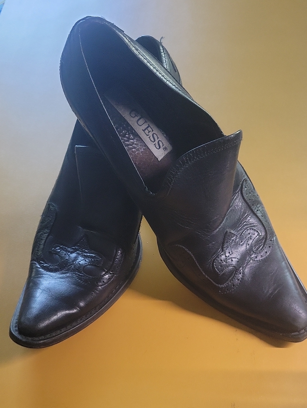 GUESS Women’s Black Leather Slip-On Cowboy Boots
